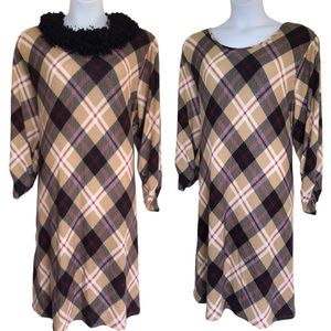 Robert Louis Plaid Sweater Dress & Infinity Scarf Set Beige Black Size 3X